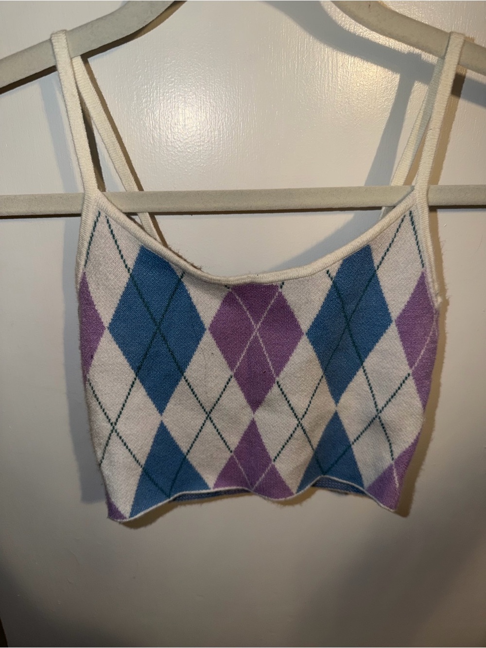 Kendall & Kylie Cream Argyle Cropped Tank with Blue & Purple Diamonds
